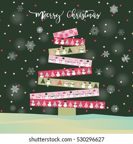 Merry Christmas Tree and Happy New Year card with pink ribbon and green ribbon colors ,scrapbook tape and snowman, snowflake, snowfall and green background for Christmas Holiday 