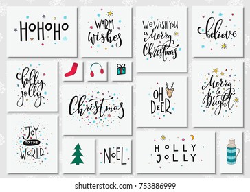 Merry Christmas tree Happy New Year simple lettering set. Calligraphy card sticker graphic design element. Hand written sign. Photo overlay Winter Holidays vector. Santa Bright Days Holly Jolly world