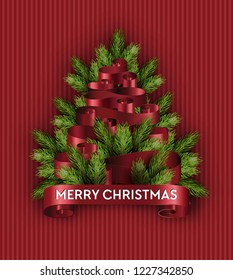 Feliz árbol de Navidad vacaciones pino, vectores de abetos de rama. Cintas de cinta y rayas, banner rojo de celebración de abeto verde feliz Año Nuevo. Decoración con objetos simbólicos de vacaciones de invierno