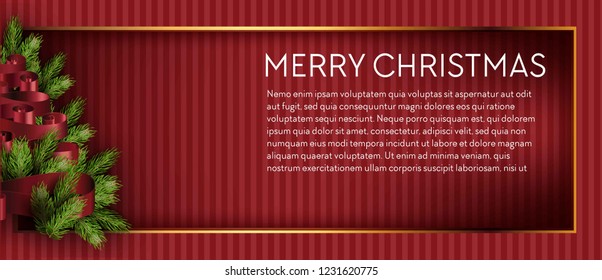 Merry Christmas tree holidays pine, branch fir vector banner or flyer. Evergreen spruse happy New Years decoration tape ribbons and stripes, celebration red banner. Decor with symbolic items of winter