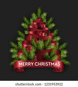 Merry Christmas tree holidays pine, branch fir vector. Evergreen spruse happy New Years decoration tape ribbons and stripes, celebration red banner. Decor with symbolic items of winter holiday