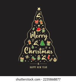 Merry Christmas tree icon elements greeting text card golden isolated vector illustration design background. Greeting card. Xmas tree.