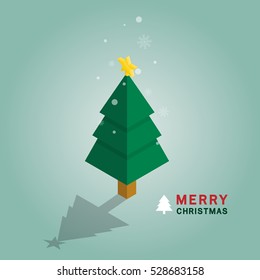 Merry Christmas tree isometric on blue background. Snow flake falling.