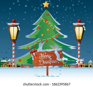 merry christmas tree lamp post houses lights and snow scene vector illustration