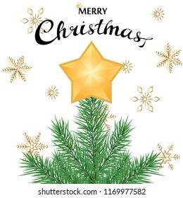 Merry Christmas tree with Lettering and gold star. Vector greeting poster. 2019 new year
