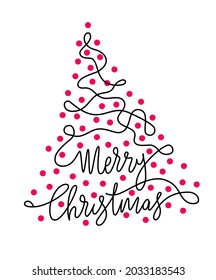 Frohe Weihnachtsbaum mit Weihnachtsbeleuchtung. Eine Zeichenkarte für eine Linie. Vektorgrafik