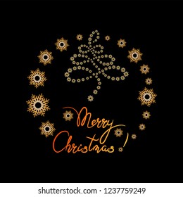 MERRY CHRISTMAS! Christmas tree made of snowflakes surrounded by snowflakes. Black background. Holiday greeting, poster, postcard, invitation card, festive message with a round dance of snowflakes.