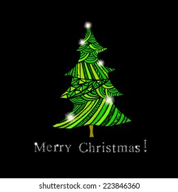 Merry Christmas Tree on a black background. Vector