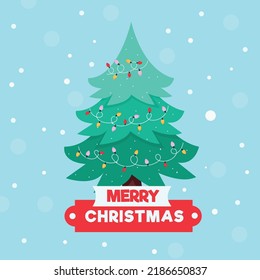 Merry Christmas tree on blue background. Vector illustration