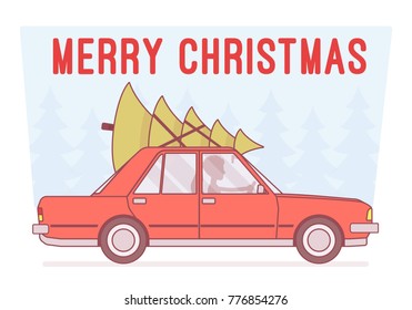Merry Christmas Tree on car top. New Year symbol of winter holiday, taken home for traditional decoration, delivery service. Vector line art illustration