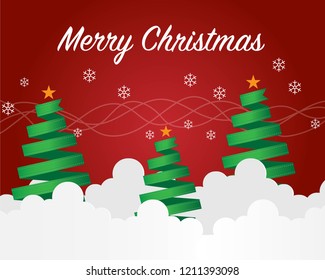 Merry Christmas and Christmas Tree on Cloud Red Background