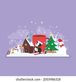 Merry Christmas tree on mobile, Winter wonderland scene in snow world with people and little penguins, young woman, having fun in the snow, penguin snowboarding, ice skating, vector illustration
