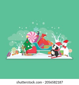 Merry Christmas tree on mobile, Winter wonderland scene in snow world with people and little penguins, young woman, having fun in the snow, penguin snowboarding, ice skating, vector illustration