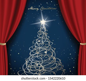 Merry Christmas with Christmas tree on red curtain background.
