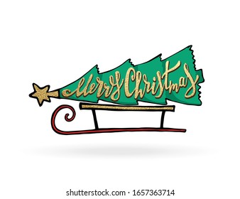 Merry Christmas tree on sleigh with gold star. Cute hand drawn clip art for winter holidays design. Vector illustration for greeting cards, banners, party invitations.