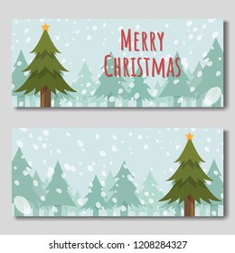 Merry Christmas. Christmas tree on snowy forest background, Pop-under banner size. Vector illustration.