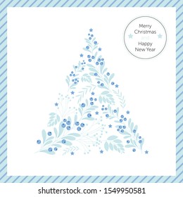 Merry Christmas tree on white isolated background, berry tree branches