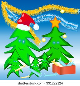 Merry Christmas tree with ornaments, gift box and sweets