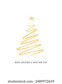 Merry Christmas tree outline greeting text card golden isolated vector illustration design background. Greeting card. Xmas tree.