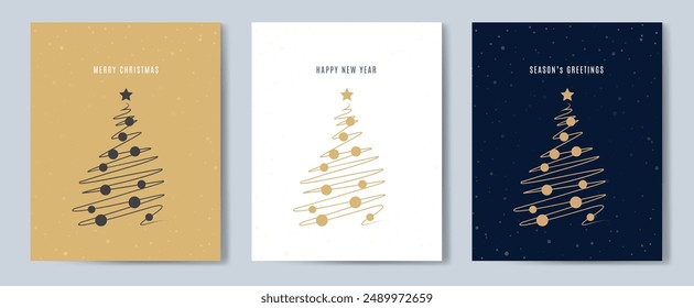 Feliz Navidad contorno de árbol de felicitación tarjeta de texto conjunto de diseño de Ilustración vectorial de oro de fondo. Tarjeta de felicitación. Árbol de Navidad.