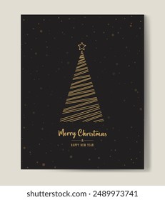 Feliz Navidad contorno de árbol de felicitación tarjeta de texto de Ilustración vectorial de oro de fondo. Tarjeta de felicitación. Árbol de Navidad.