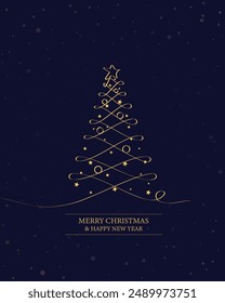 Merry Christmas tree outline greeting text card golden vector illustration design background. Greeting card. Xmas tree.