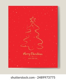 Merry Christmas tree outline greeting text card golden vector illustration design background. Greeting card. Xmas tree.