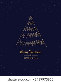 Merry Christmas tree outline greeting text card golden vector illustration design background. Greeting card. Xmas tree.