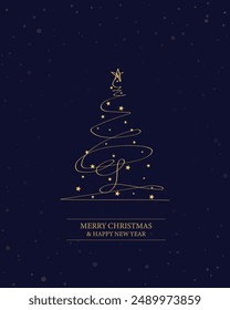 Feliz Navidad contorno de árbol de felicitación tarjeta de texto de Ilustración vectorial de oro de fondo. Tarjeta de felicitación. Árbol de Navidad.