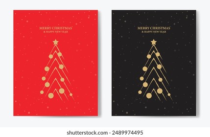 Feliz Navidad contorno de árbol de felicitación tarjeta de texto conjunto de diseño de Ilustración vectorial de oro de fondo. Tarjeta de felicitación. Árbol de Navidad.