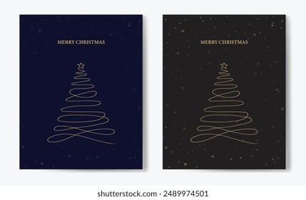 Merry Christmas tree outline greeting text card set golden vector illustration design background. Greeting card. Xmas tree.