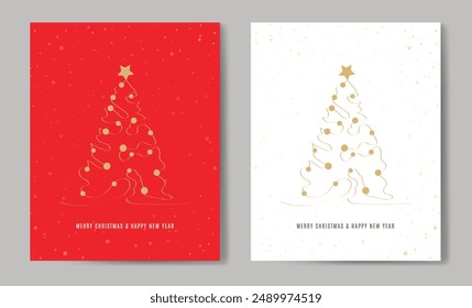 Feliz Navidad contorno de árbol de felicitación tarjeta de texto conjunto de diseño de Ilustración vectorial de oro de fondo. Tarjeta de felicitación. Árbol de Navidad.