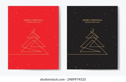 Feliz Navidad contorno de árbol de felicitación tarjeta de texto conjunto de diseño de Ilustración vectorial de oro de fondo. Tarjeta de felicitación. Árbol de Navidad.