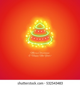 Merry Christmas tree poster with magic sparkles on red background. Happy New Year greeting card.