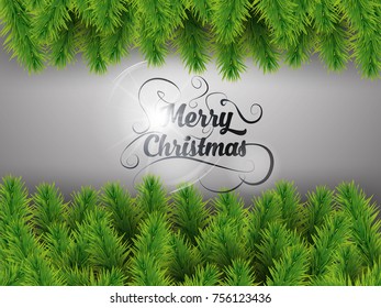 Merry christmas tree realistic green branches on silver background. Vector illustration.