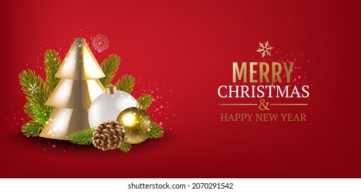 Merry Christmas Tree With Red Background Toys With Gradient Mesh, Vector Illustration