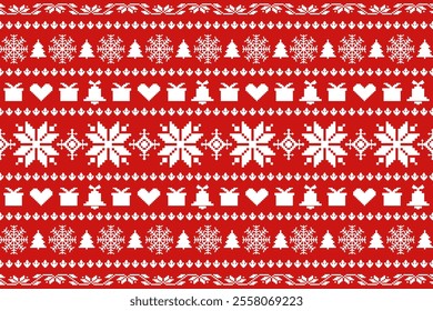 Merry christmas tree Santa Claus stocking heart snowflake bell reindeer holly red background celebrate festival December clothing wrapping vector illustration Illustrat3