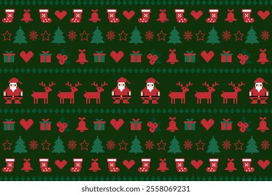 Merry christmas tree Santa Claus stocking heart snowflake bell reindeer holly red green background  celebrate festival December clothing wrapping vector illustration Illustrat3