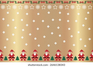 Merry christmas tree Santa Claus snowflake holly red green celebrate festival clothing wrapping vector illustration Pixel seamless pattern Geometric gold background wallpaper