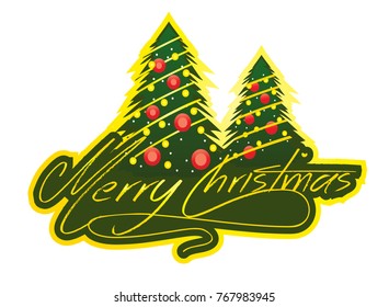 merry christmas with tree and script lettering, illustration design, isolated on white background. 