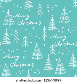 Merry Christmas and christmas tree seamless pattern handdrawn