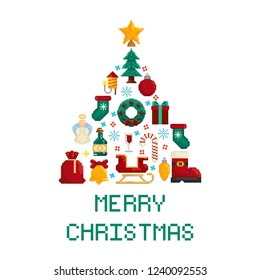 Feliz Navidad.
Forma de árbol de Navidad hecha de elementos de Navidad.
Ilustración vectorial en estilo de arte de píxeles.