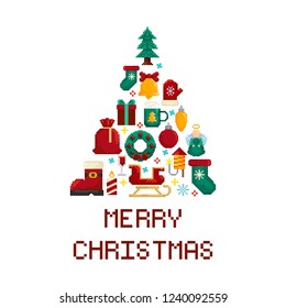 Merry Christmas.
Christmas tree shape made of Christmas elements.
Vector illustration in pixel art style.