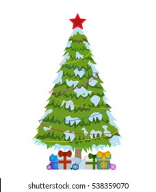 Feliz signo de árbol de Navidad sobre fondo blanco. Árbol de pinos con el logo de las luces de color. Ilustración vectorial.