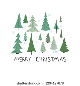 Merry Christmas tree simple card. Forest snow postcard graphic design element. Kids drawing Children hand made naive art