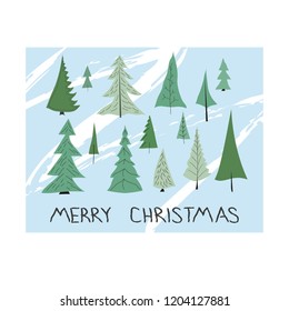 Merry Christmas tree simple card. Forest snow postcard graphic design element. Kids drawing Children hand made naive art