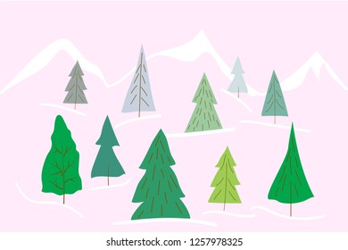 Merry Christmas tree, simple card Happy New Year. Forest snow postcard graphic design element. Cute Hand written primitive small signs. Children hand mades naive art