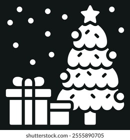 Merry christmas tree with snow and gifts vector icon.