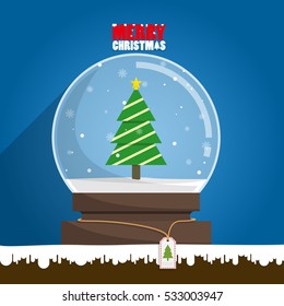 Merry Christmas tree in snow globe on blue background. Snow flake falling inside.