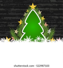 Merry christmas tree snow and star on old wood background. Vector illustration. 